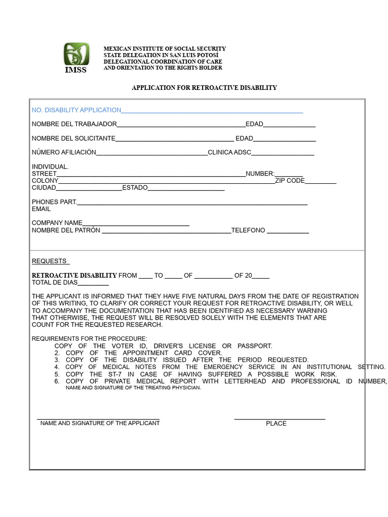IMSS Retroactive Disability Application | PDF | Identity Document ...