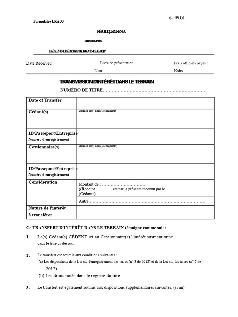 Formulaire de transfert de terrain LRA 33 | PDF | Passeport