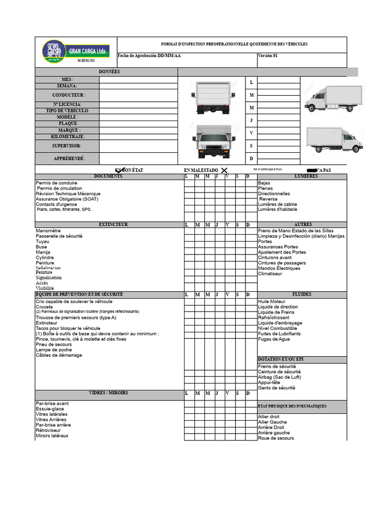 Format D'inspection Préopérationnelle Quotidienne Des Véhicules | PDF ...