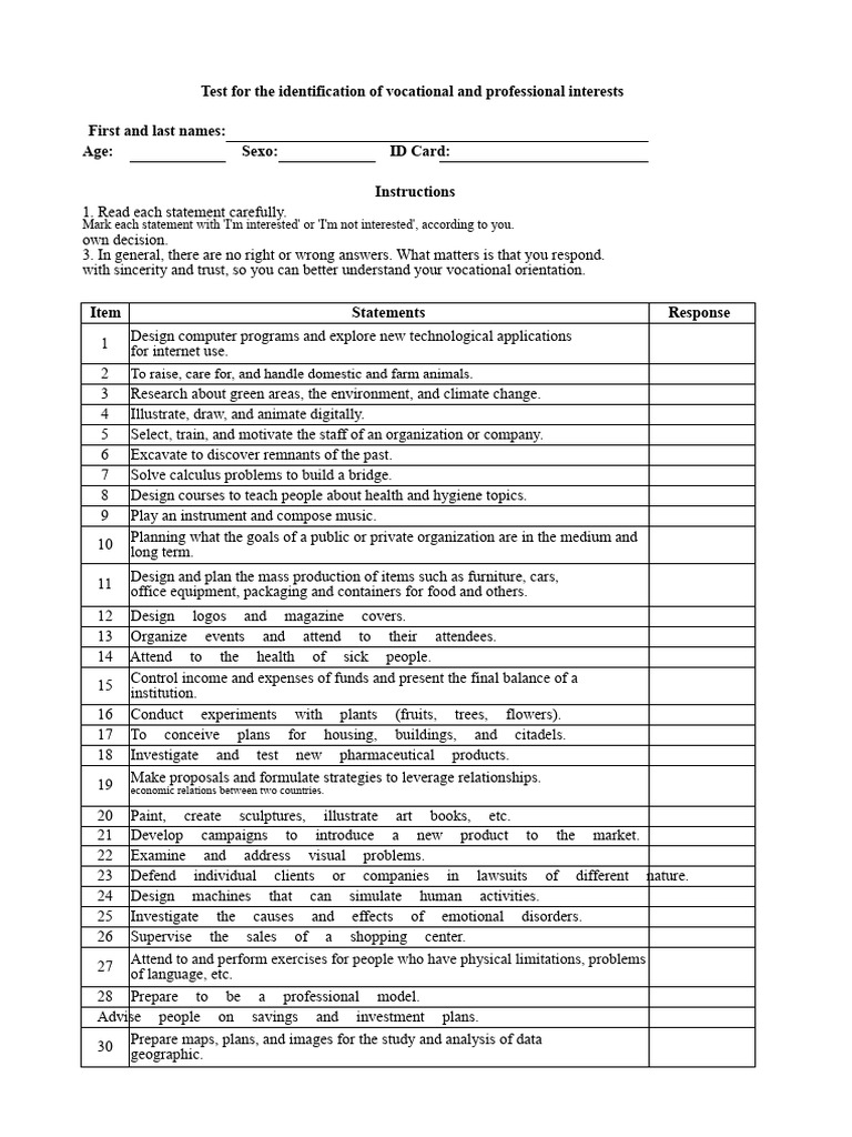 Test For The Identification of Vocational and Professional Interests ...