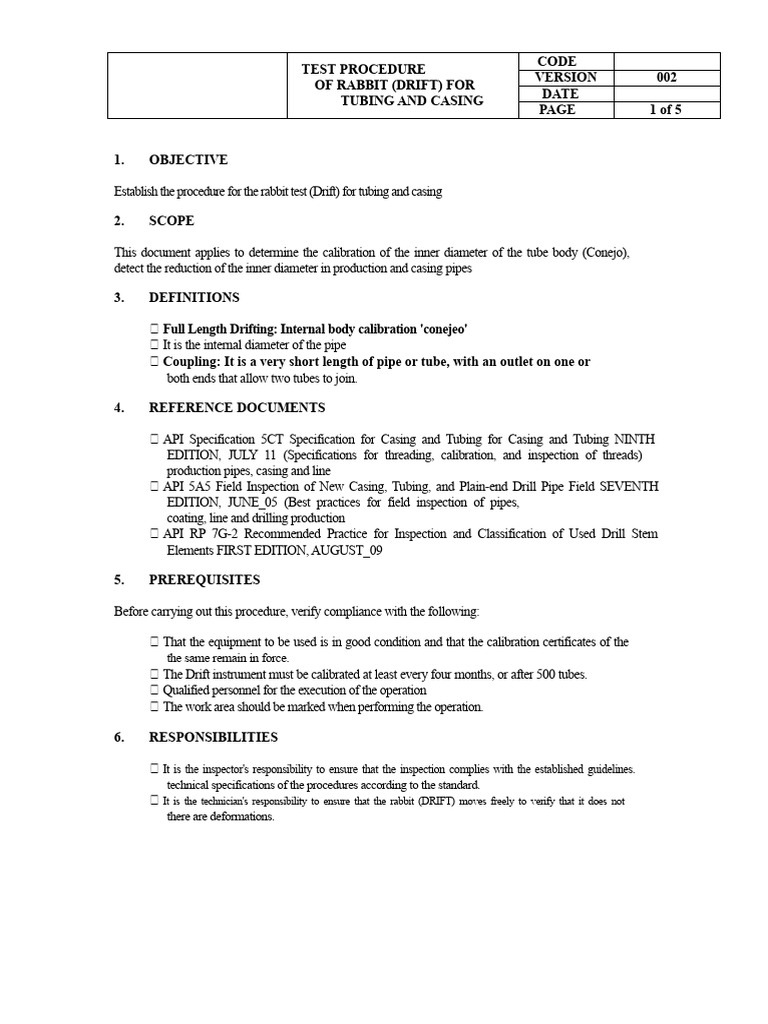 P-SI-012 Procedure Rabbit Test (drit) for tubing and casing | PDF ...