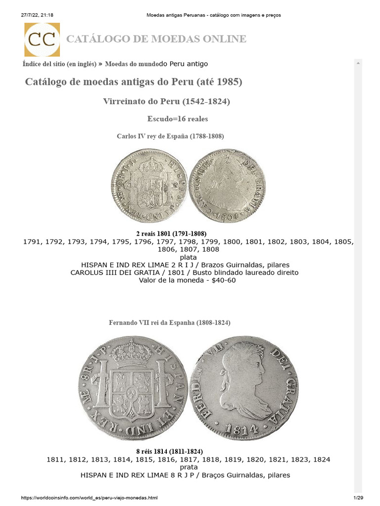Moedas Antigas Peruanas - Catálogo Com Imagens e Preços | PDF ...