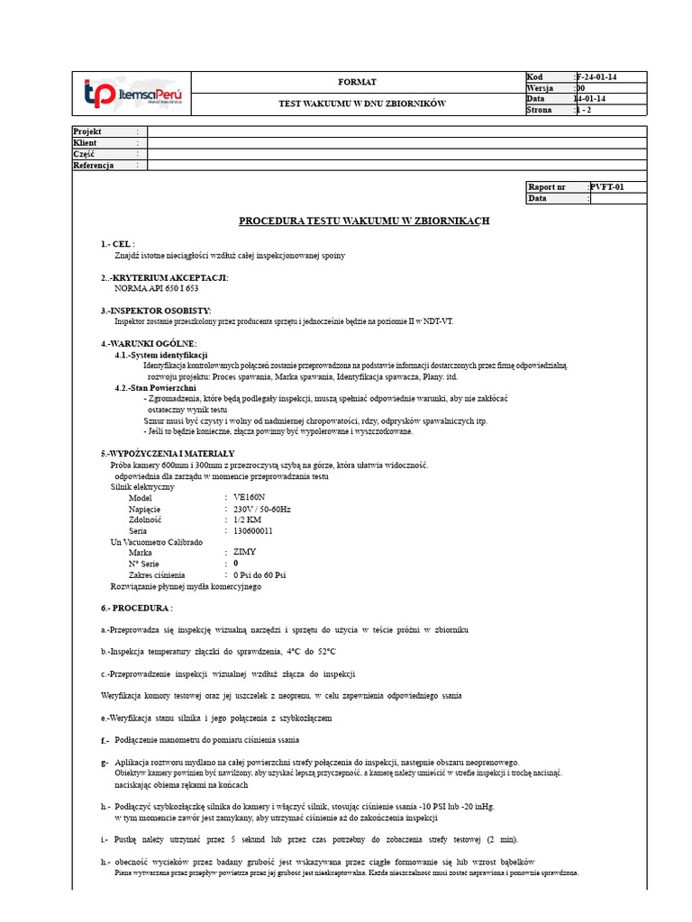 Format - Test of Vacuum in Tank Bottom | PDF
