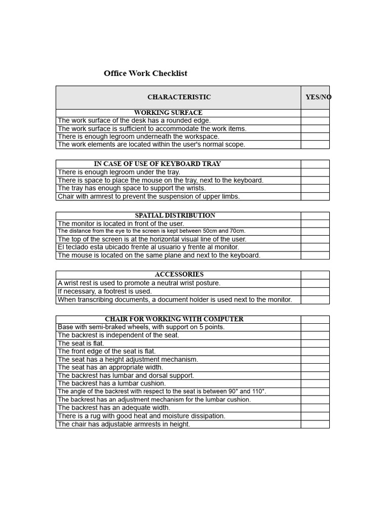 Ergonomic Office Work Checklist | PDF | Chair | Anatomical Terms Of Motion