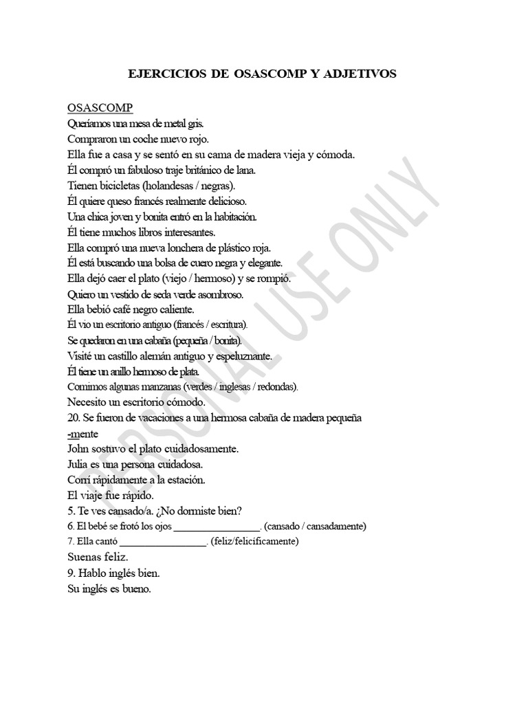 Ejercicios de Osascomp y Adjetivos | PDF