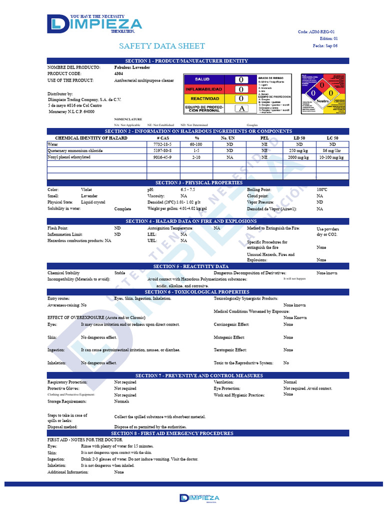 Fabulous Lavender Cleaner Safety Data | PDF | Sodium | Hazards
