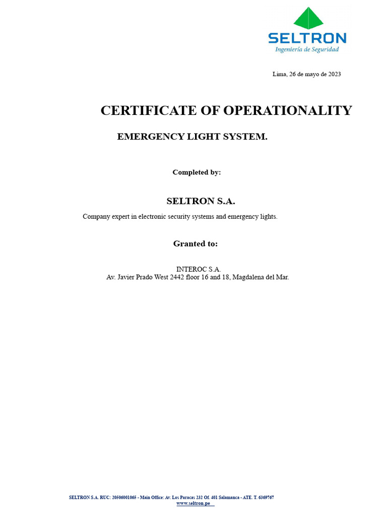 Emergency Light System Certification | PDF