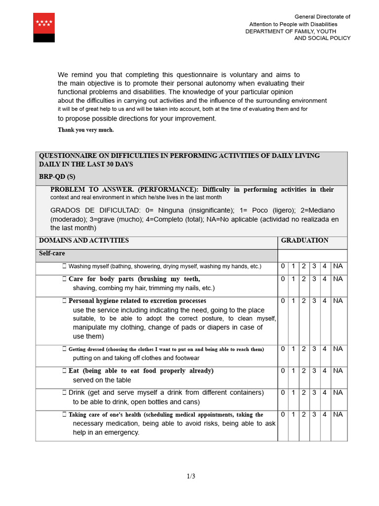 Disability Activity Difficulty Questionnaire | PDF