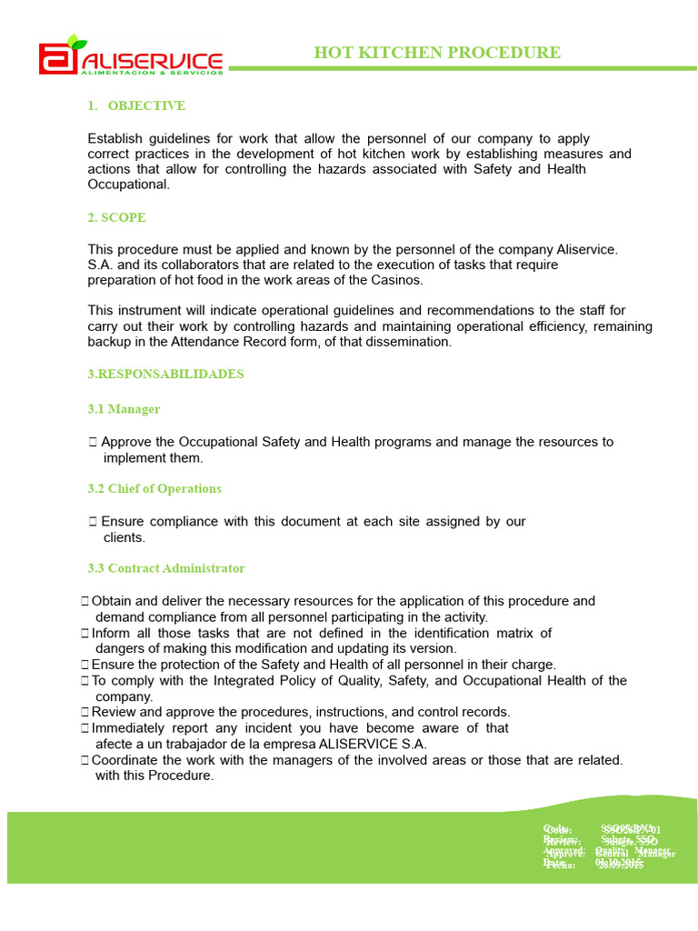 Hot Kitchen Safety Procedures Guide | PDF | Occupational Safety And ...