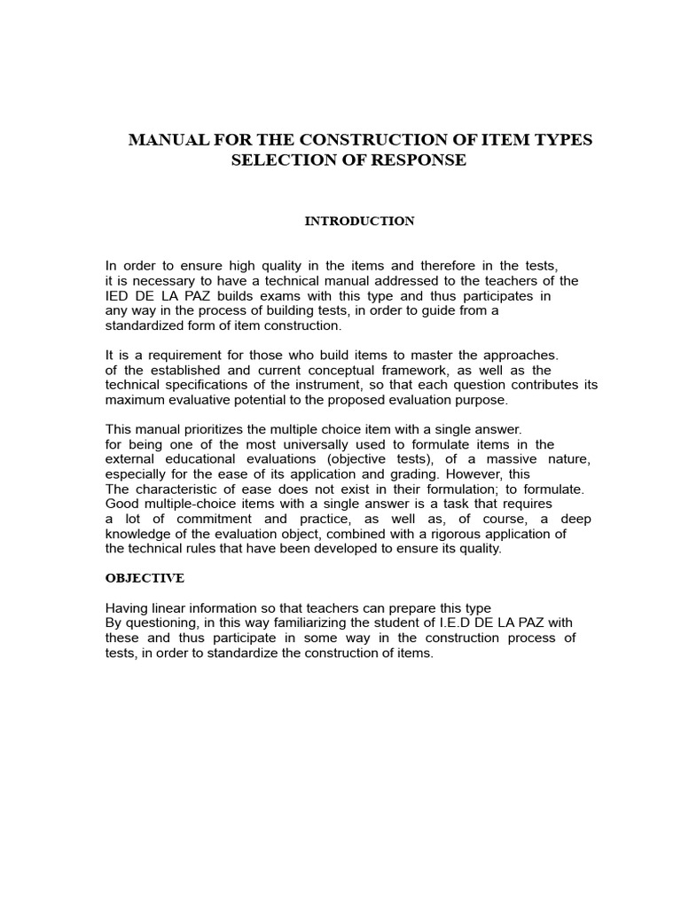 Manual for Constructing Multiple-Choice Items | PDF | Multiple Choice ...