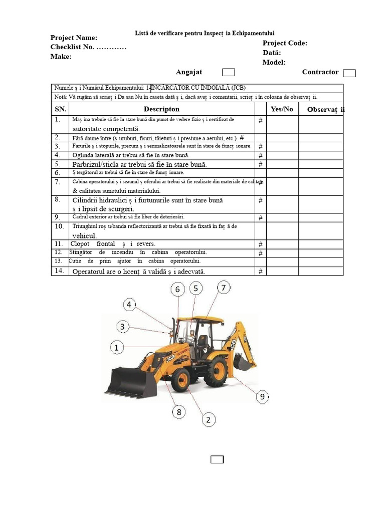 Lista de Verificare Pentru INSPECȚIA ÎNCĂRCĂTOARELOR CU BRAȚ ÎNTRETĂRAT ...