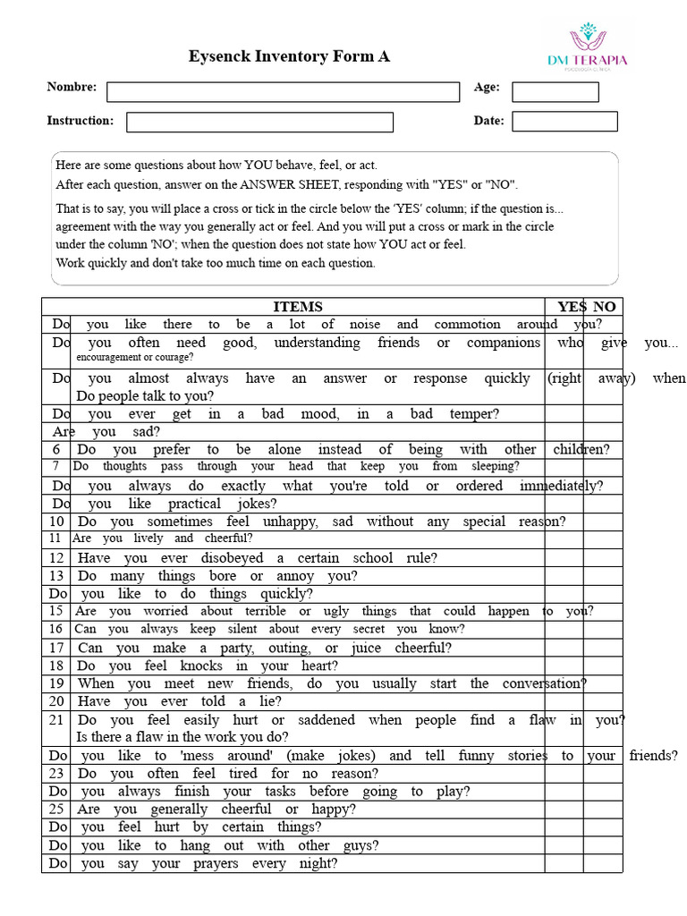 Eysenck Inventory Form A - Protocol | PDF | Extraversion And ...