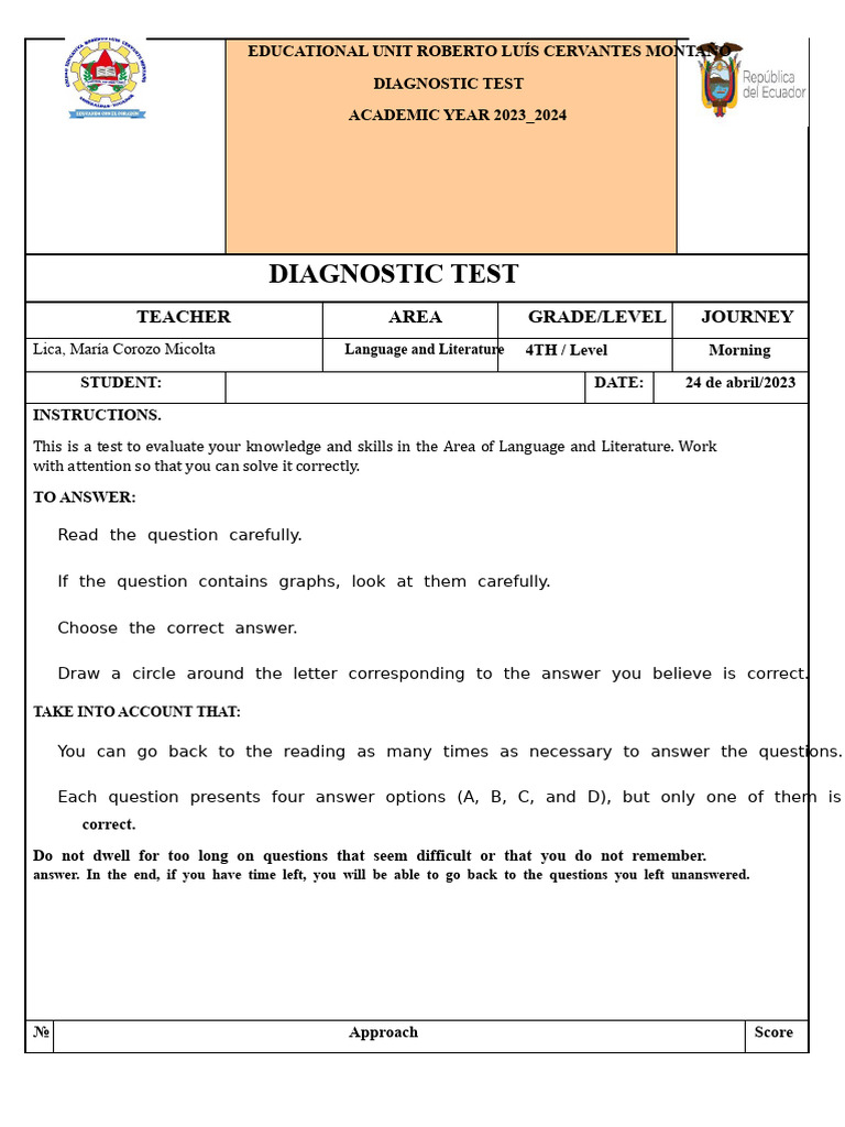 4th Grade Diagnostic Test 2023-2024 | PDF | Ecuador | Atmosphere Of Earth