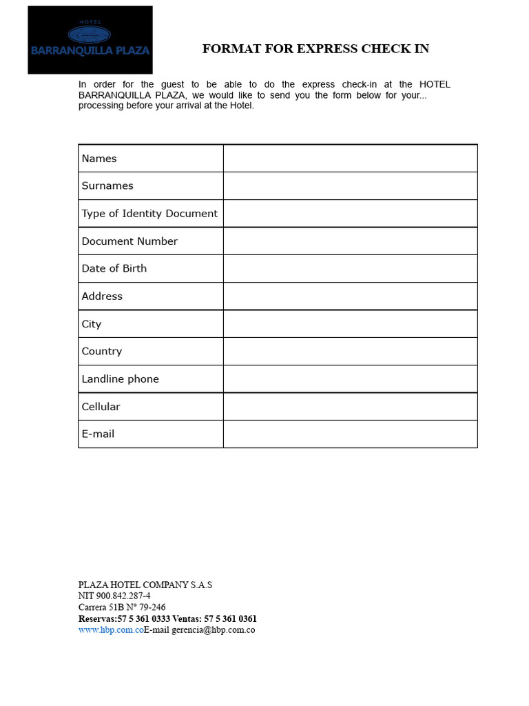 Express Check-In Form for Hotel Barranquilla | PDF