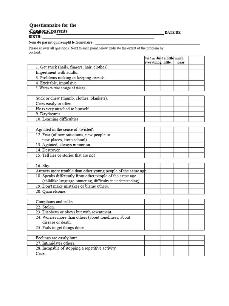 Connors Questionnaire for Child Evaluation | PDF | Attention Deficit ...