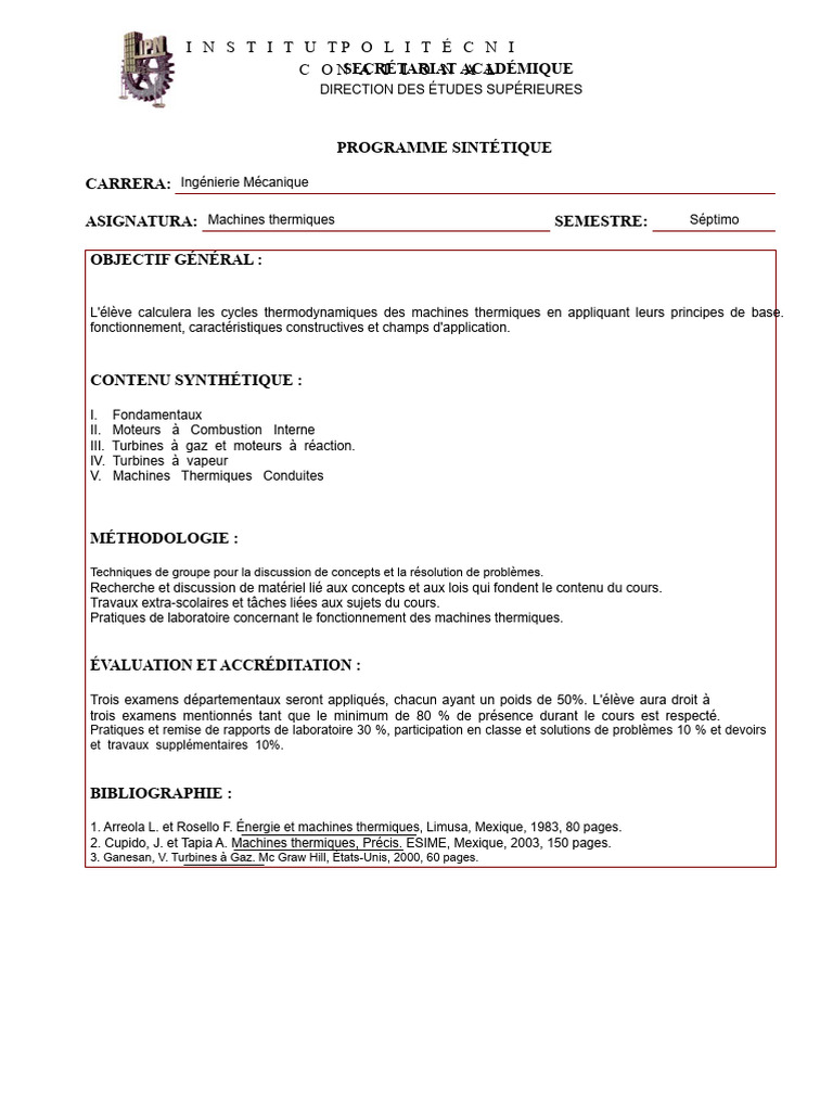 Programme de Machines Thermiques | PDF | Thermodynamique | Turbine