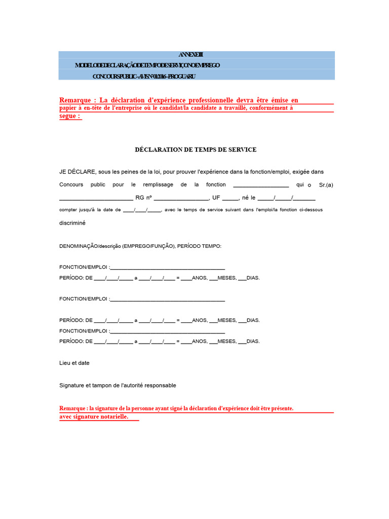 Modèle de Déclaration d'Expérience Professionnelle | PDF