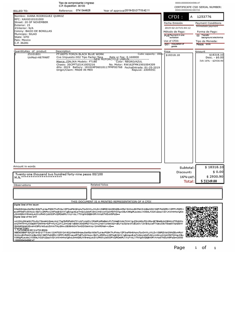CFDI Invoice for Italika FT180 Motorcycle | PDF