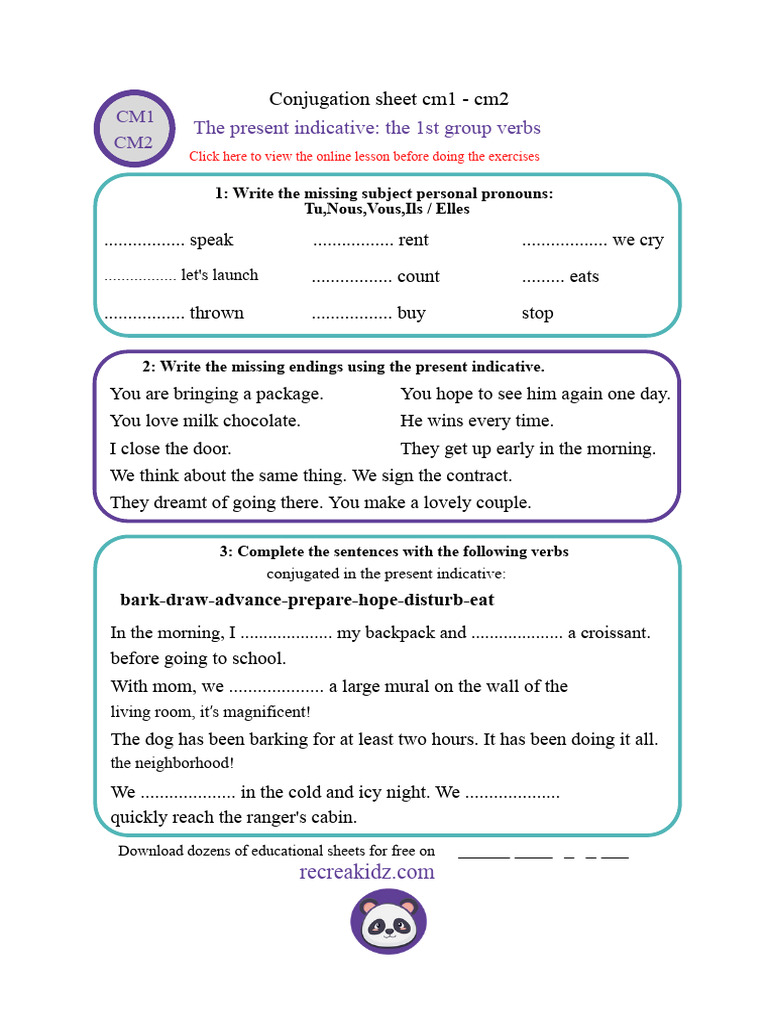 Exercise Sheet - Present Indicative For Grade 4 - Grade 5 - Printable ...