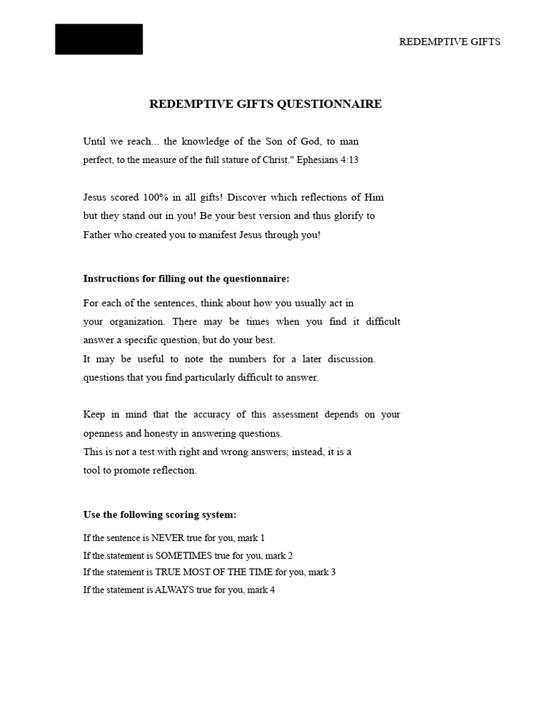Redemptive Gifts Questionnaire Guide | PDF | Love | Questionnaire