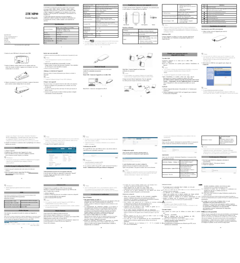 Guide d'utilisation ZTE MF60 | PDF | USB | Wi-Fi