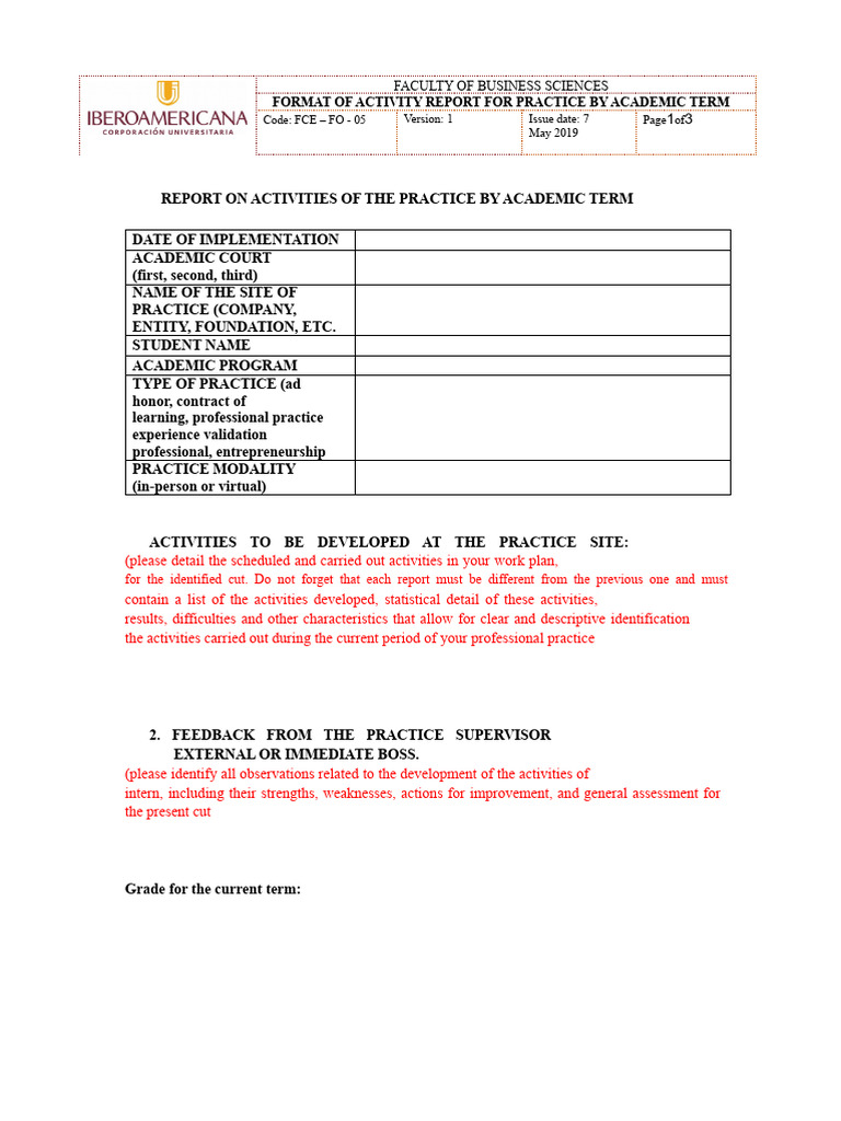 FORMAT OF ACTIVITY REPORT OF THE PRACTICE BY ACADEMIC CUT | PDF