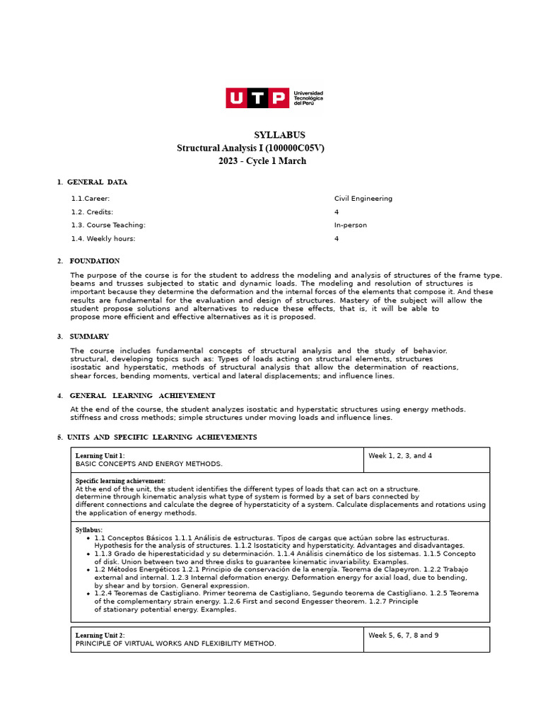 Structural Analysis I Course Syllabus | PDF | Structural Analysis ...