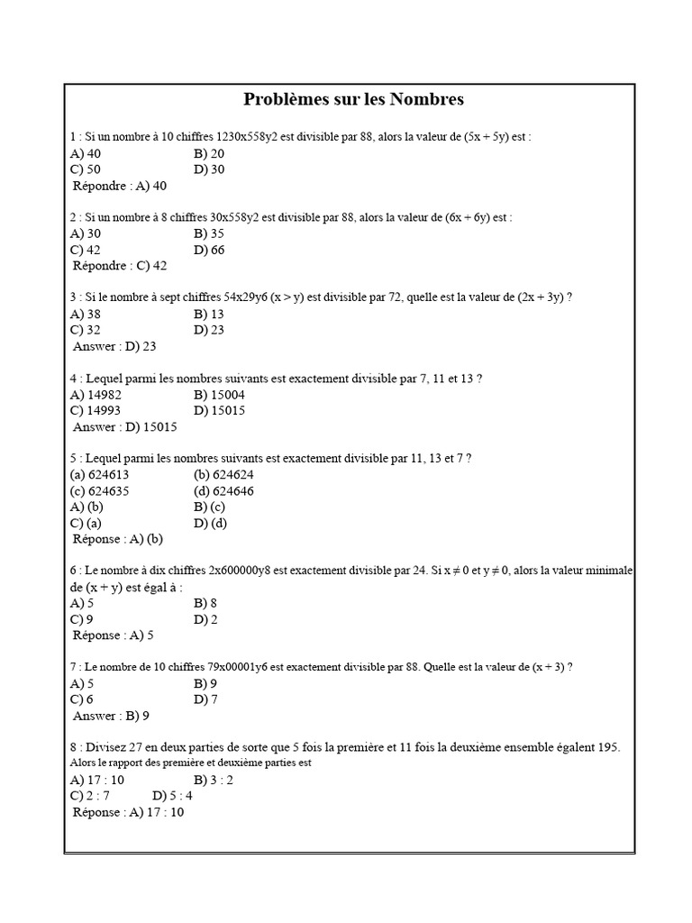 Problèmes de Divisibilité et Calculs Mathématiques | PDF | Concepts ...
