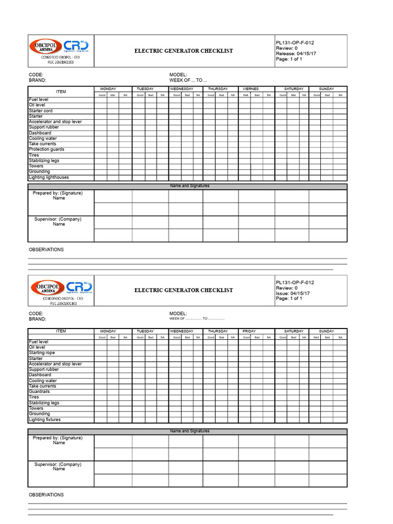 387602461-Electric Generator-Check-List | PDF