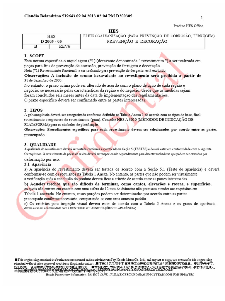 Hes D2003 05 Rev6 | PDF | Galvanização | Corrosão