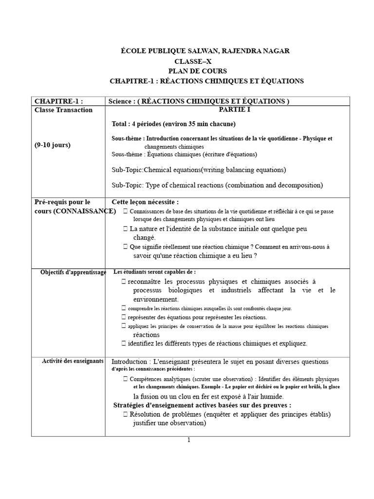 Réactions chimiques et équations en classe X | PDF | Chimie | Réactions ...