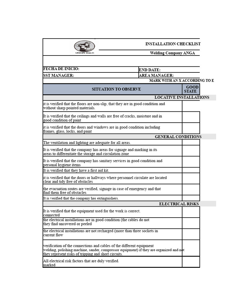 Welding Safety Installation Checklist | PDF | Equipment | Mechanical ...
