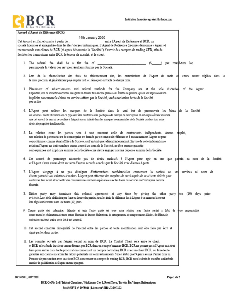Accord d'Agent de Référence BCR | PDF