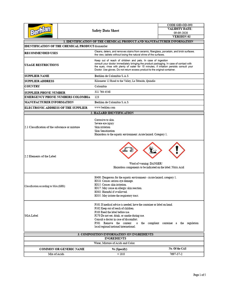 Gid-Od-090 Safety Data Sheet Stain Remover Remocen v2 | PDF | Hazards ...