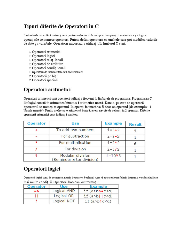 Tipuri Diferite de Operatori În C | PDF