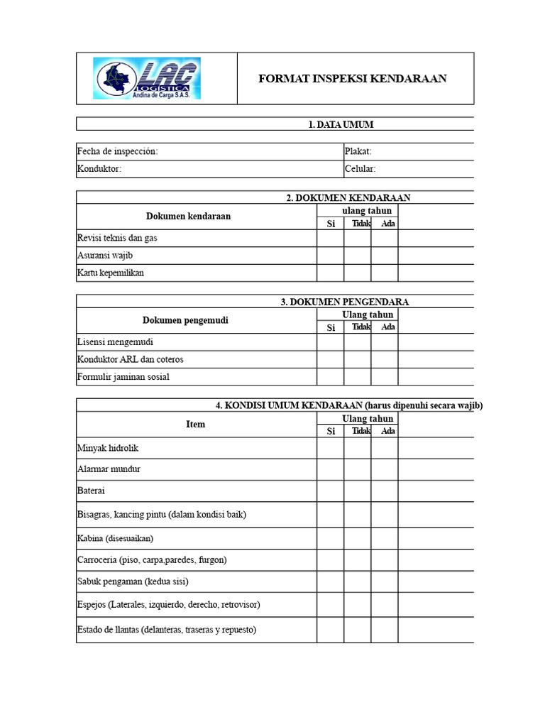 Format Inspeksi Kendaraan Lengkap | PDF