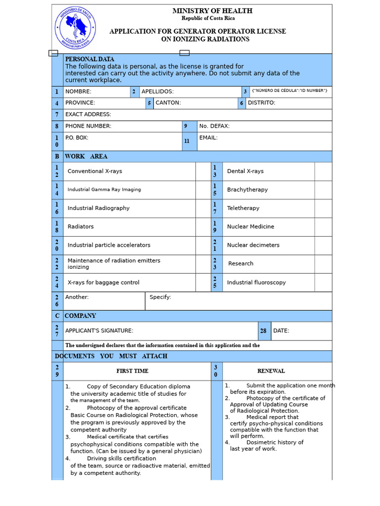 Costa Rica Generator Operator License Application | PDF | Radiation | X Ray