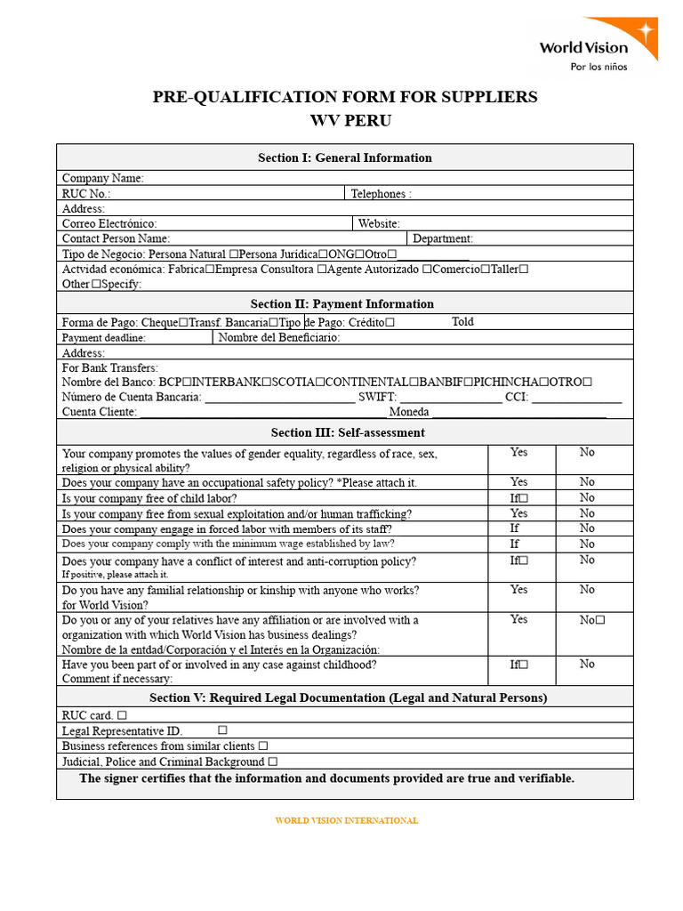 Supplier Pre-Qualification Form WV Peru | PDF | Human Rights | Social ...