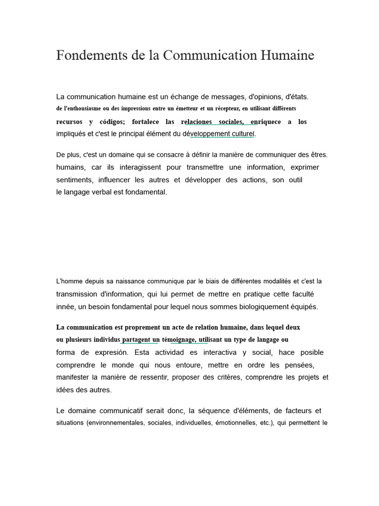 Fondements de la Communication Humaine | PDF | Communication humaine ...