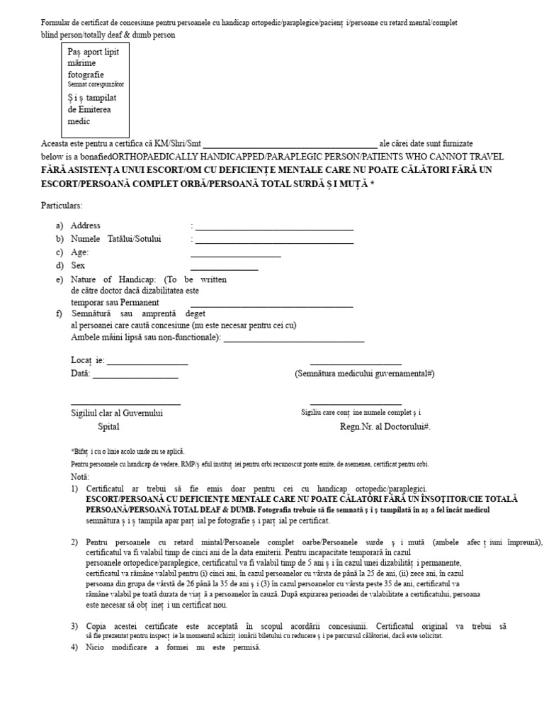 Formular de Certificat de Concesiune Pentru Handicap Ortopedic PDF | PDF