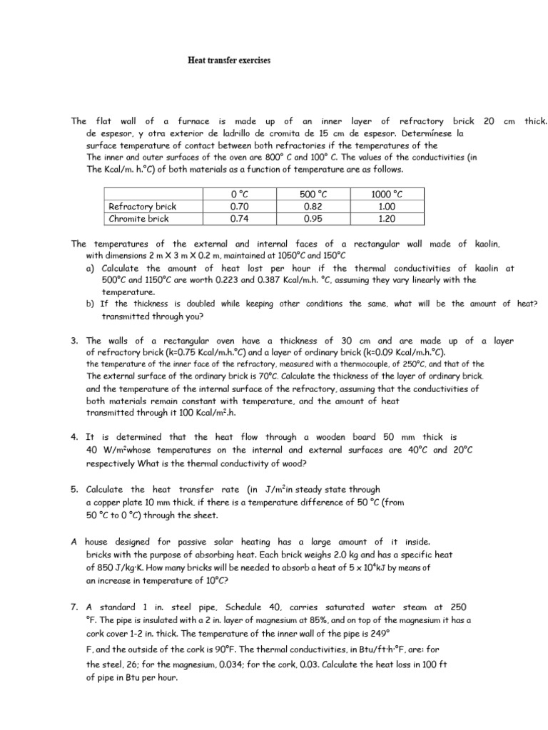 Heat Transfer Calculations and Exercises | PDF | Heat Transfer | Refractory