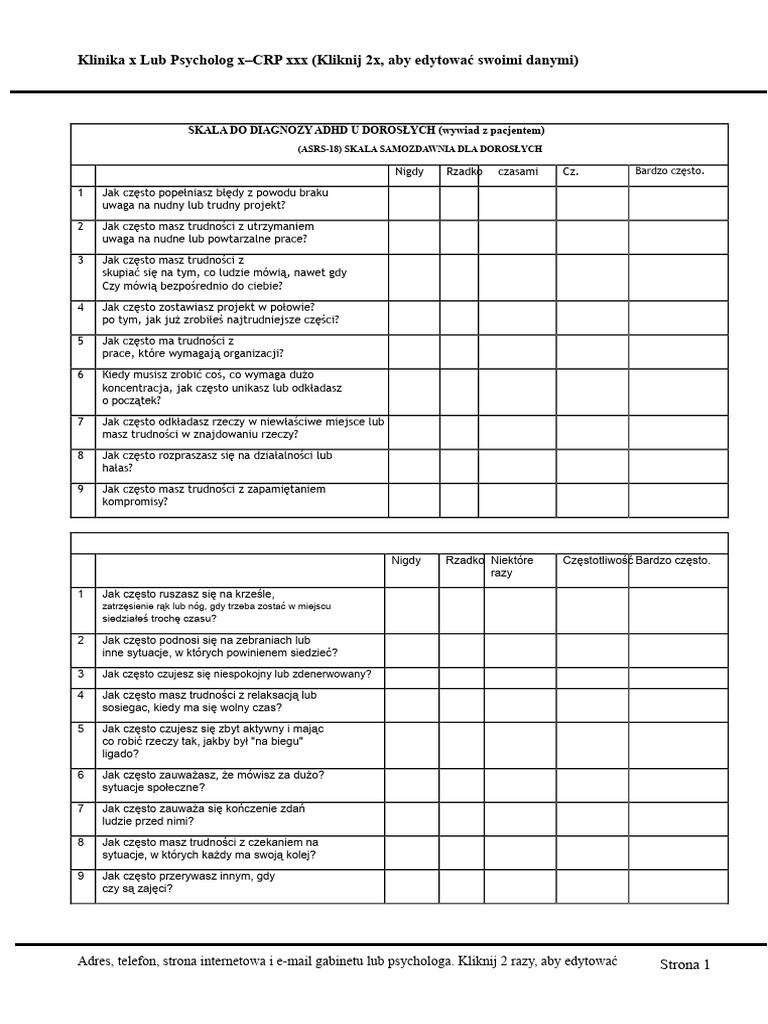 Model - Skala Do Diagnozy Adhd U Dorosłych | PDF