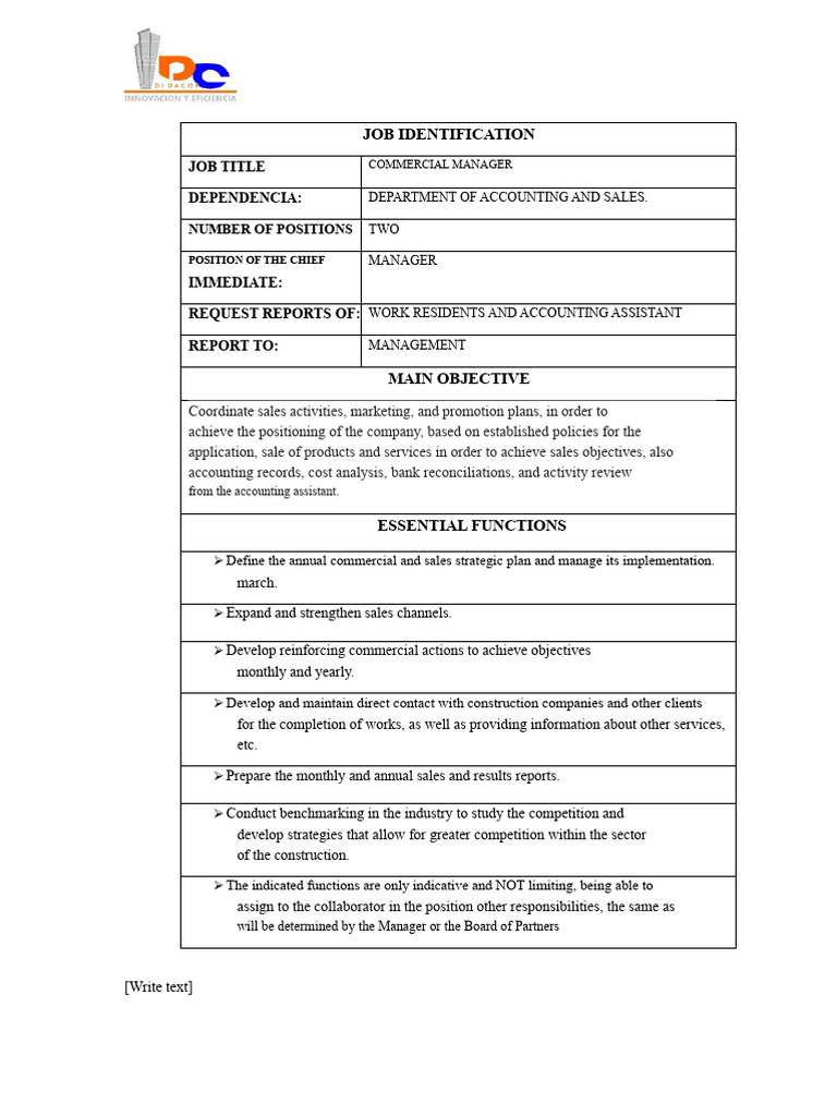 Commercial Manager Job Description | PDF | Sales | Strategic Planning