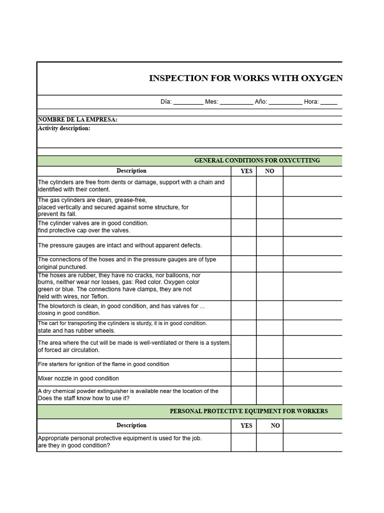 Oxygen Work Safety Inspection Checklist | PDF | Equipment