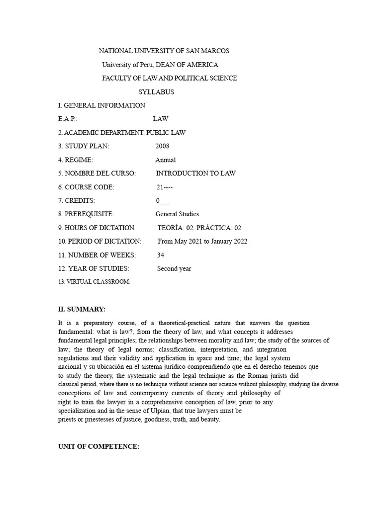 Introduction to Law Course Syllabus | PDF | Jurisprudence | Applied ...