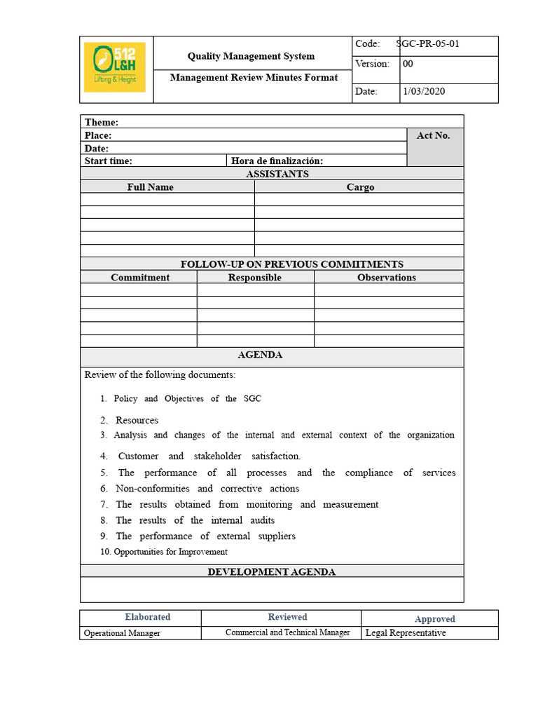 SGC-PR-05-01 Format Minutes Review by Management | PDF | Quality ...