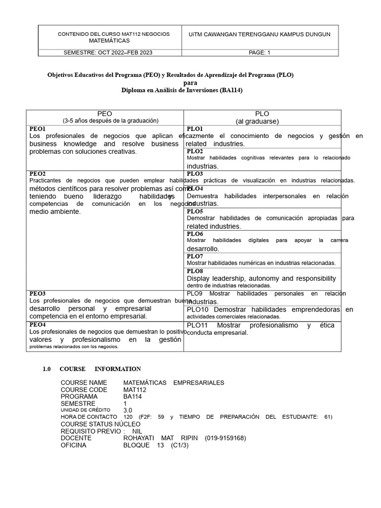 Esquema Del Curso Mat112 - Ba114 | PDF | Aritmética | Matemáticas