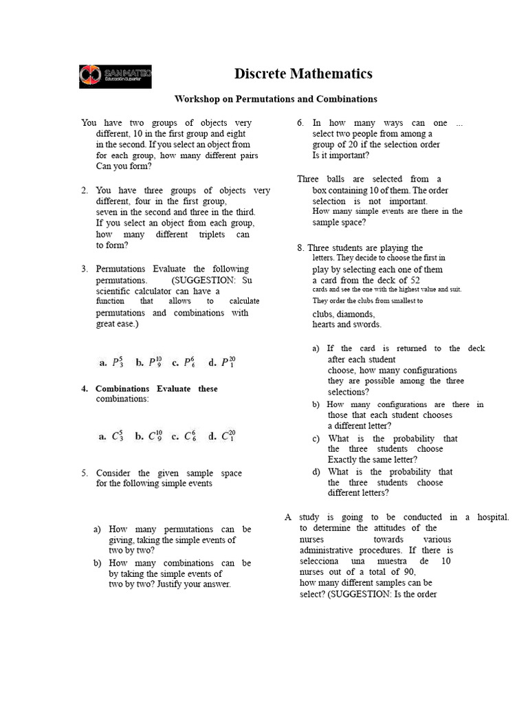 Workshop On Permutations and Combinations | PDF | Mathematics