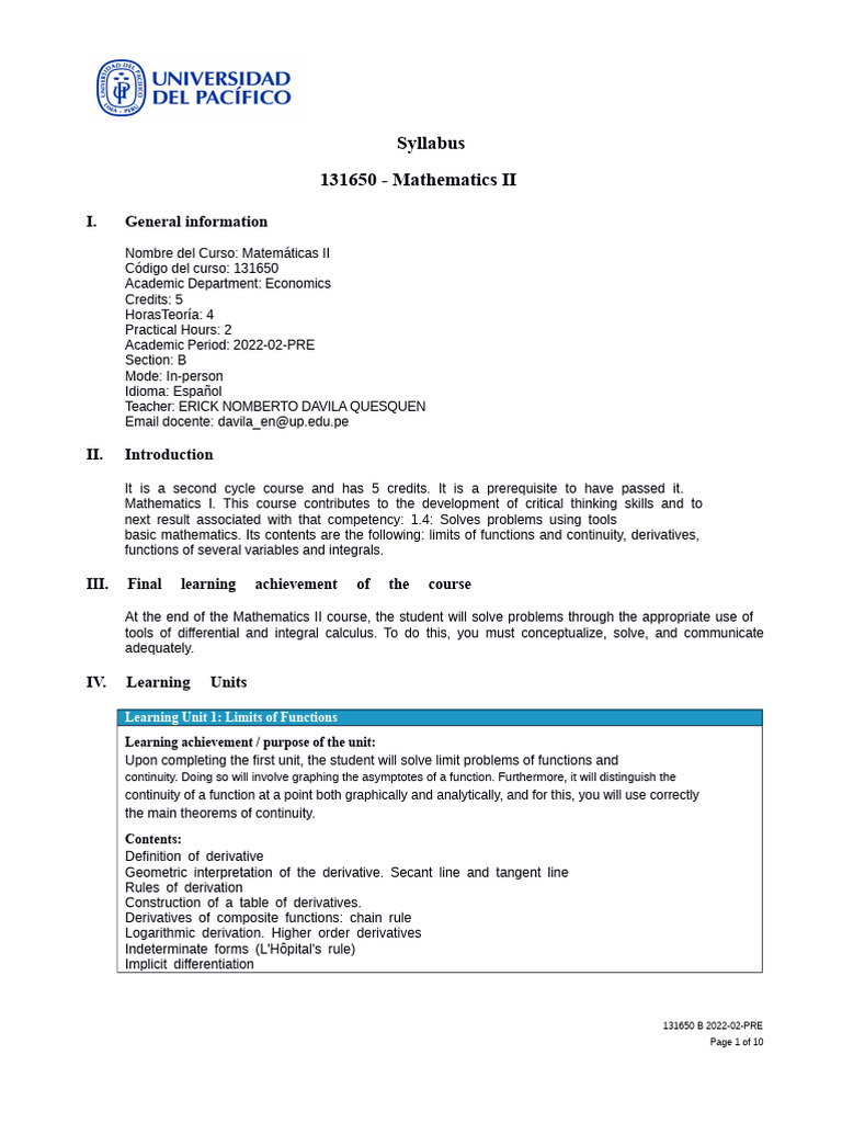 Mathematics II - 131650 - B (2022-02-PRE) | PDF | Derivative | Integral