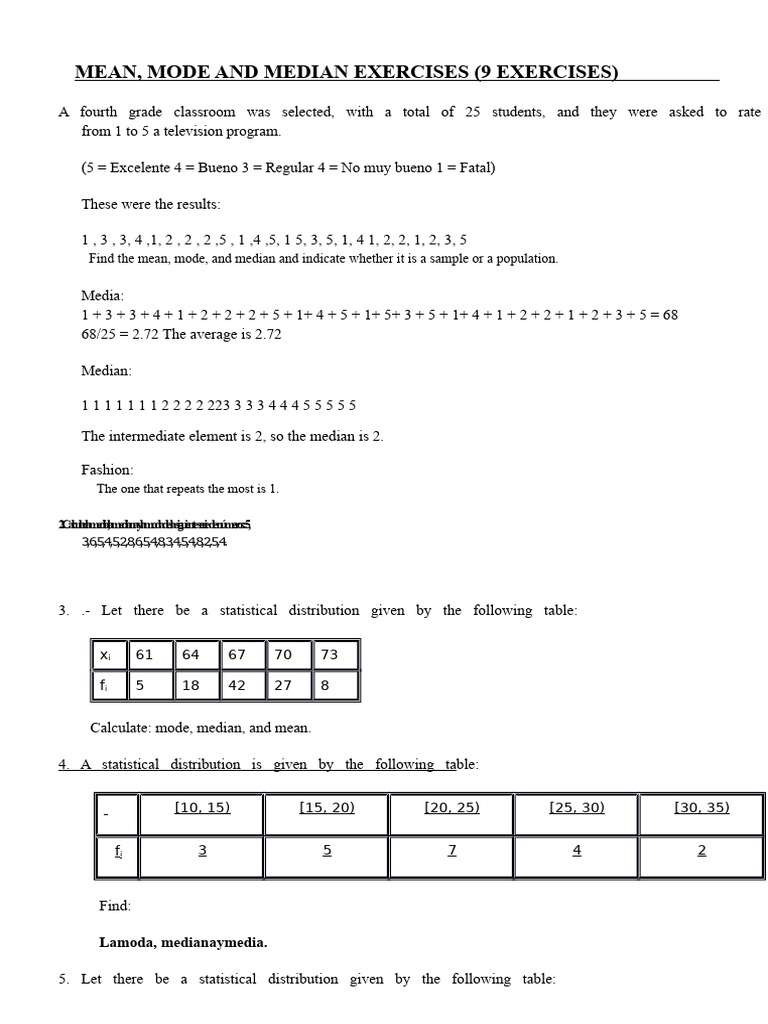 Mean, Mode, and Median Exercises | PDF | Mean | Mode (Statistics)